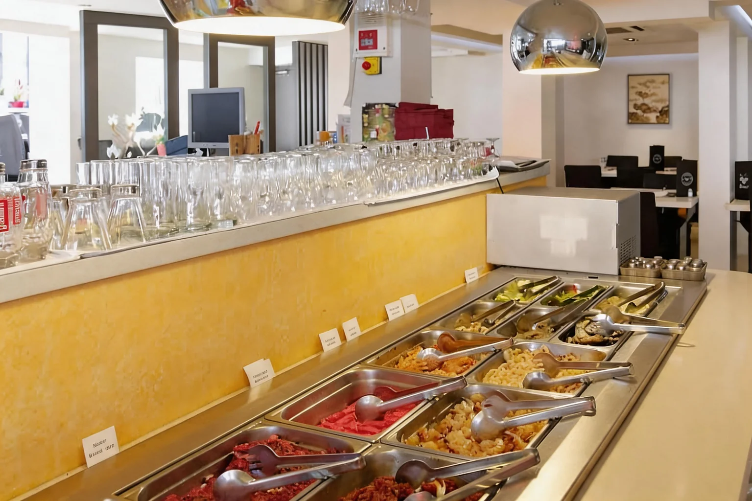 Bacs du buffet avec pinces, verres alignés au-dessus