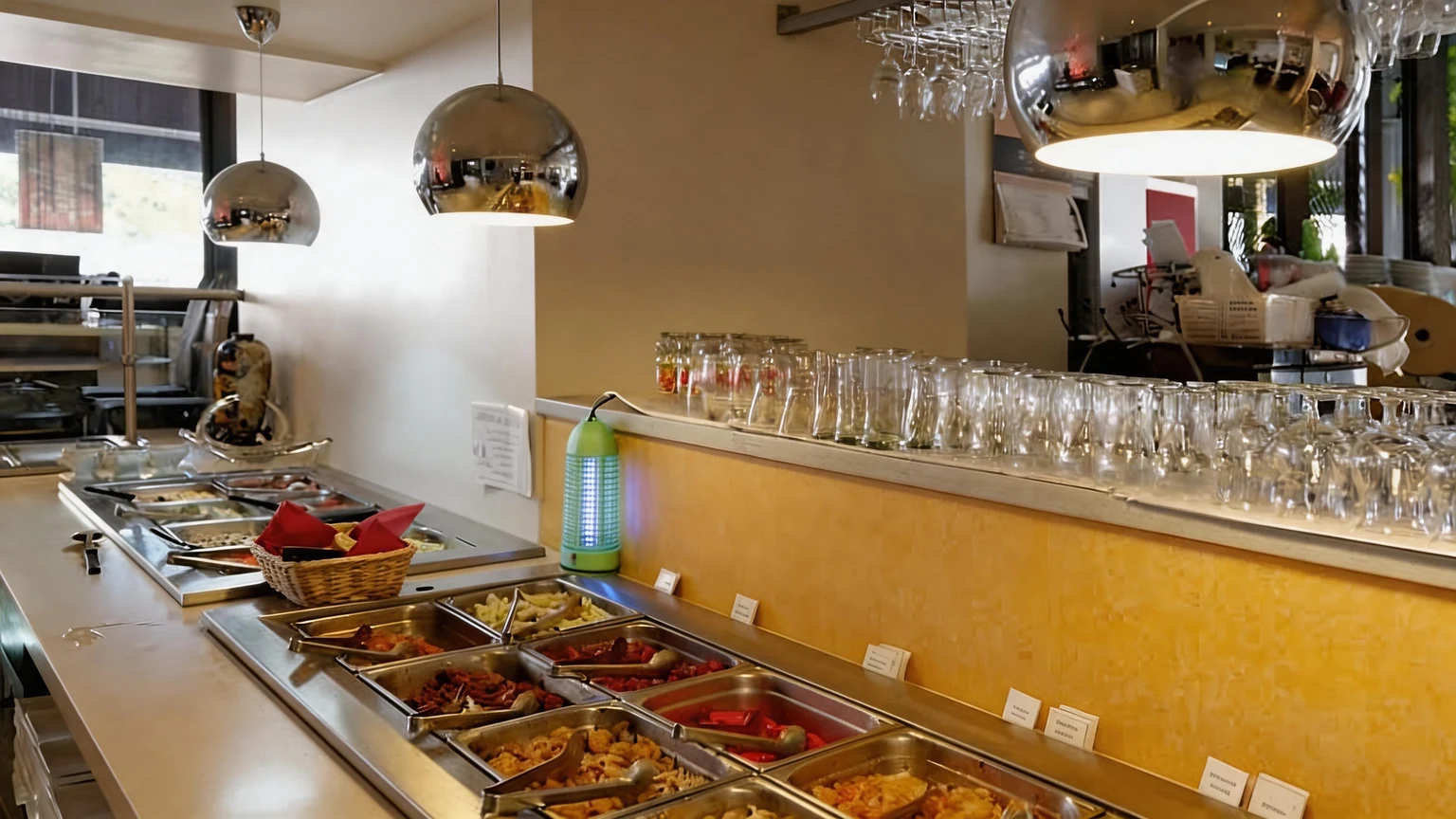 Le buffet de Foulo : bacs en inox, verres alignés et suspensions chromées